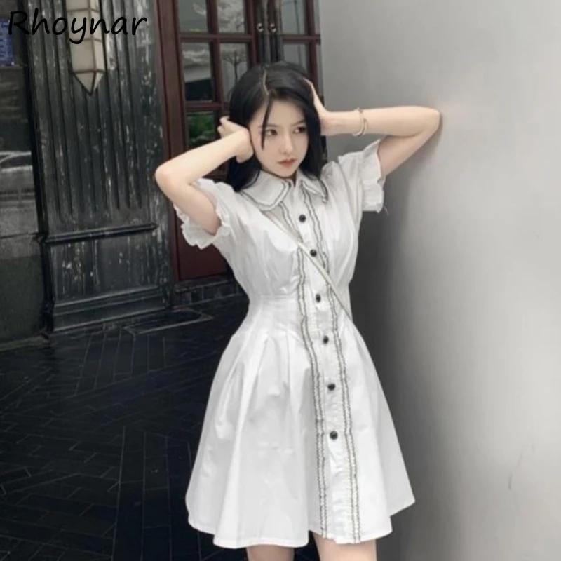 

Dresses Women Puff Sleeve Simple College Girl Single Breasted Summer Elegant Ruffles Comfort French Style Sweet Design Ins Retro