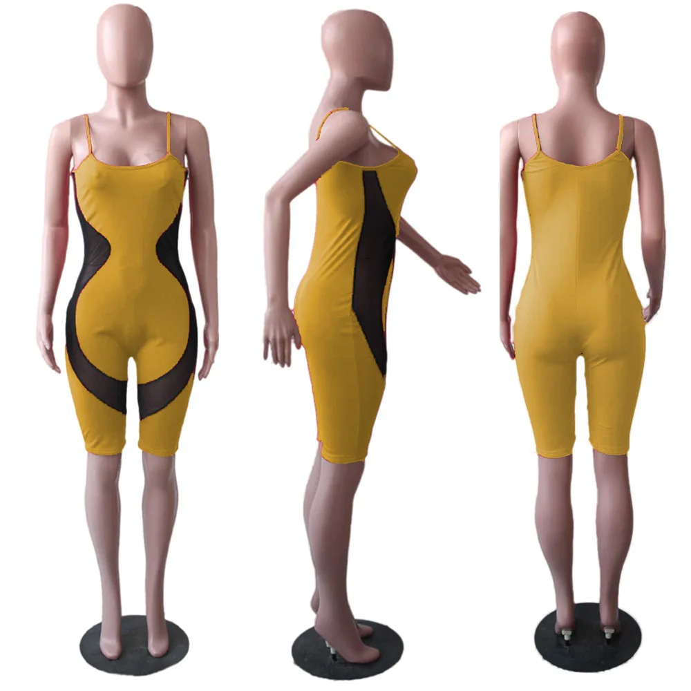 

Women Sexy Bodycon Jumpsuit Casual Sports One-Piece Short Pants Mesh Patchwork Chic Romper Solid Color Combinaison Femme Catsuit