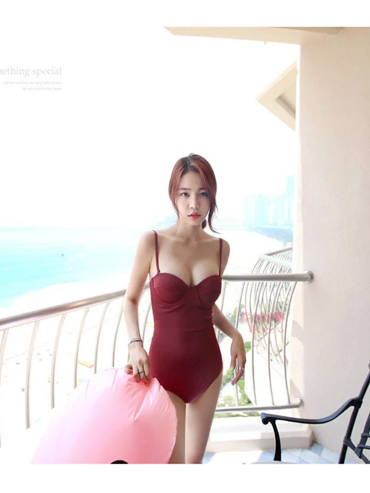 

Summer new pure color conservative cover belly show thin open back steel support small chest gathered hot spring swimsuit