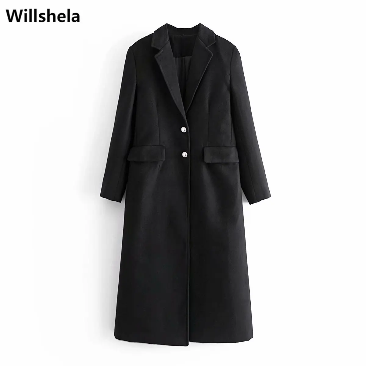 

Willshela Women Fashion Oversized Tweed Long Coat Pockets Lapel Collar Single-breasted Long Sleeves Vintage Woman Warm Outwear
