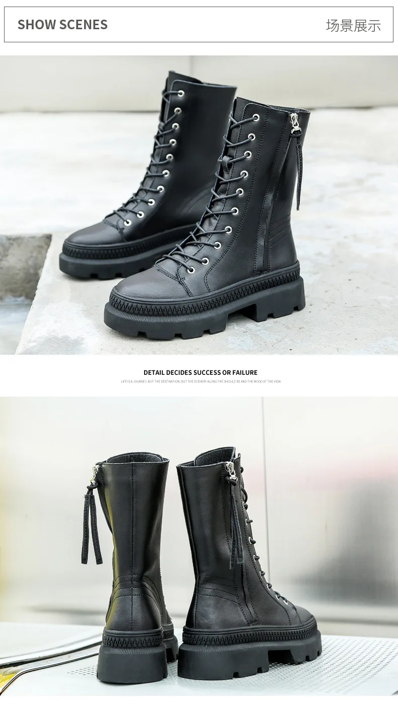 Winter Genuine Leather Chunky Motorcycle Boots Women Autumn Fashion Round Toe Lace-up Combat Military Boots Ladies Shoes