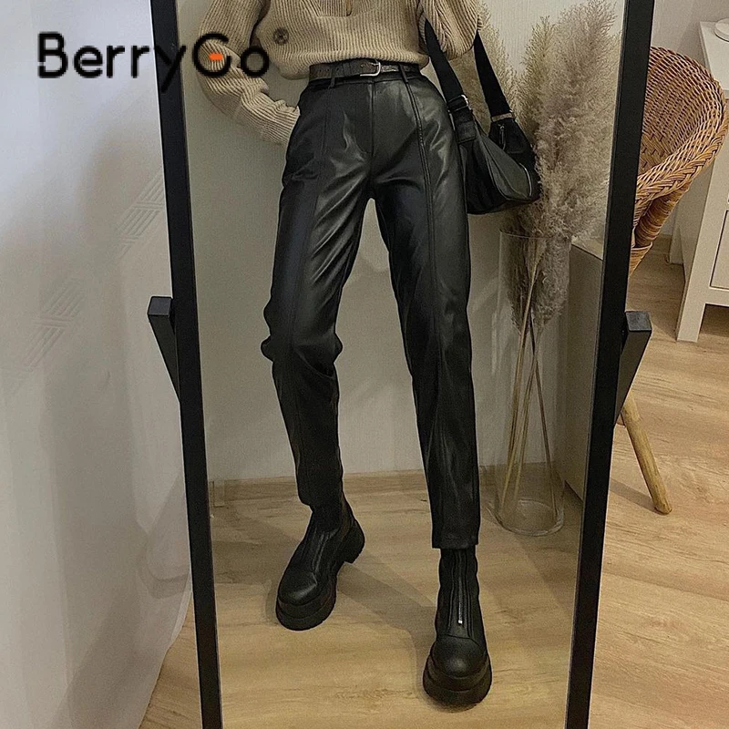 

BerryGo Autumn winter high waist skinny PU leather pants women Fashion button leather trousers Solid pocket pencil pant 2021 new