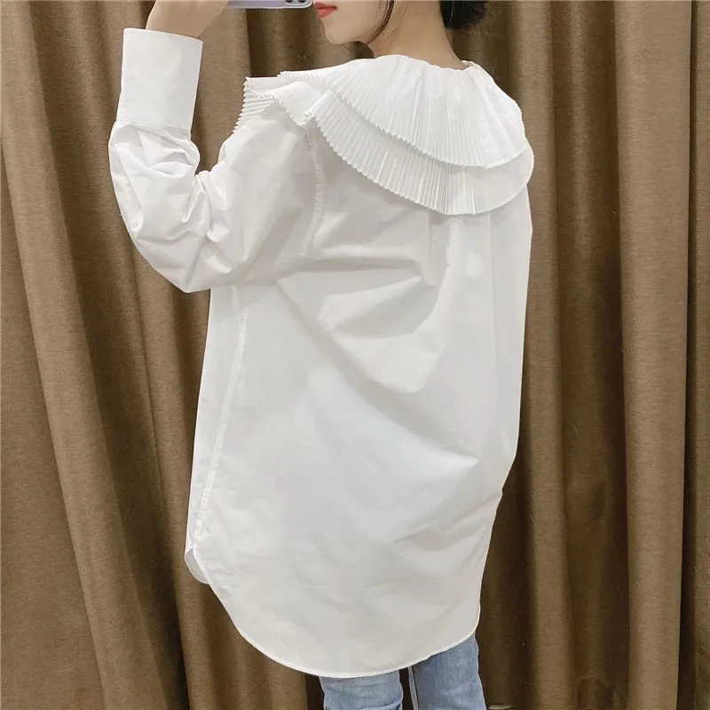 

PSEEWE Za 2021 Ruffle White Oversize Long Shirt Women Spring Plus Size Long Sleeve Top Female Fashion Casual Button Up Shirt