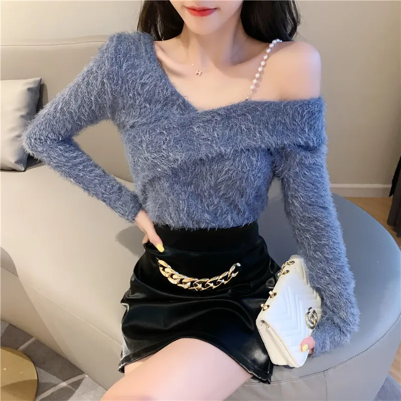 

Spring Autumn Pearl Shoulder Strap Off-shoulder Slim Fit Knitted Sweaters Women Winter Solid Pullover Woman Elegant Cross Tops