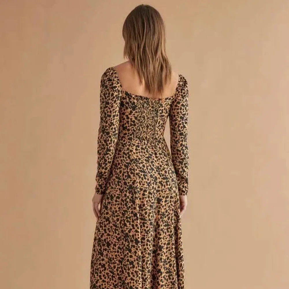 

2020 Fashion Vintage Leopard Print Midi Dress Womens Long Sleeve Square Collar Party Dress Spring Summer Sexy Split Vestidos