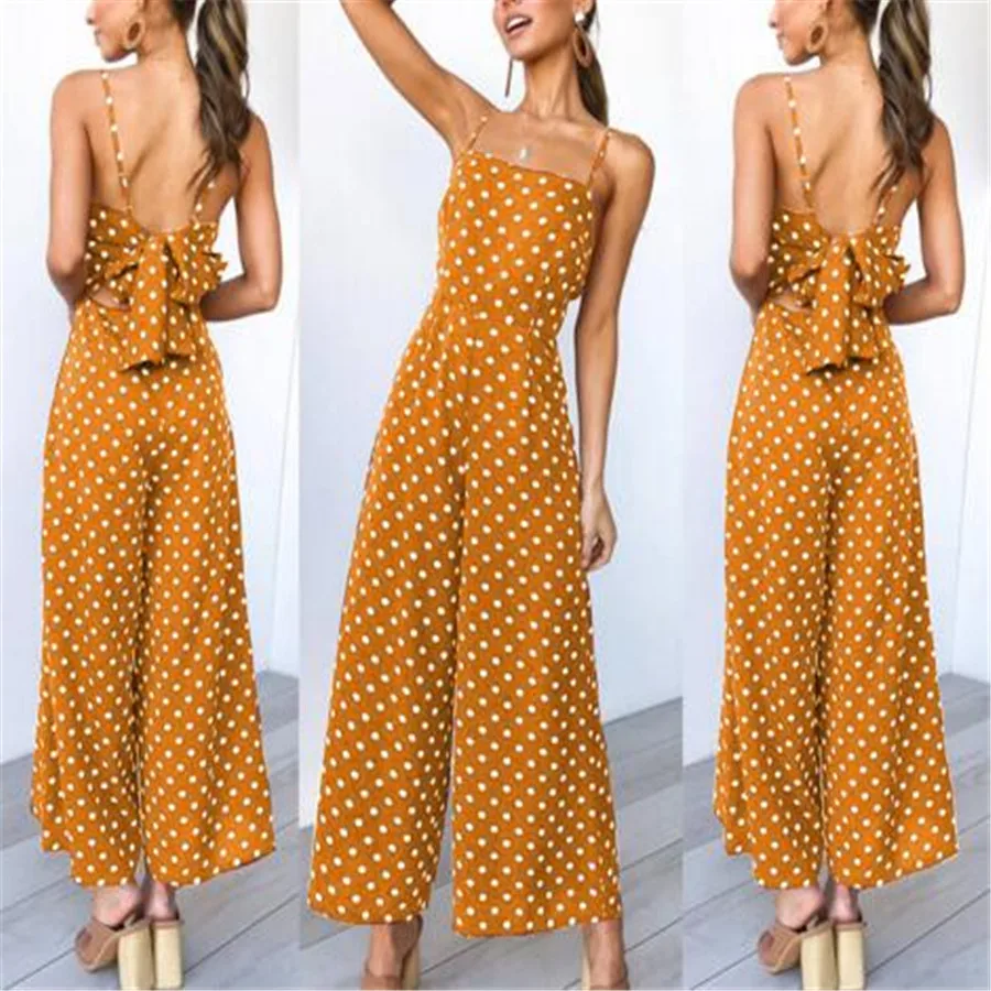 Женский бандажный комбинезон в горошек длинный свободный на бретелях спагетти