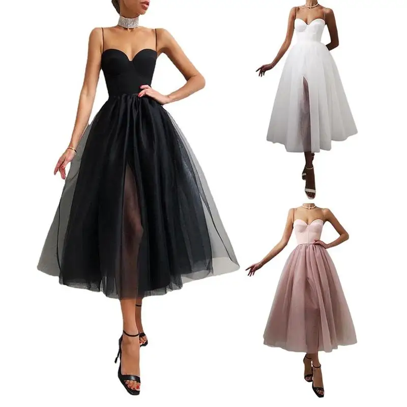 

Summer Sexy Halter Off Shoulder Party Dress Women Elegant Spaghetti Strap Spliced Mesh Dresses Solid Color Tube Top Strap Dress
