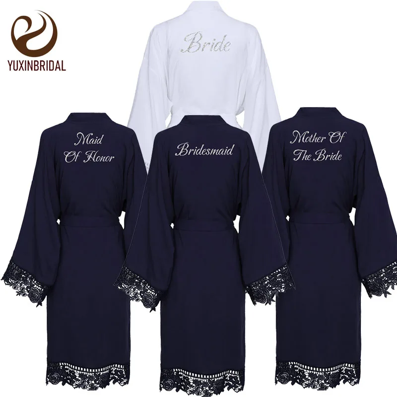 YUXINBRIDAL Rayon Navy Solid Cotton Lace Kimono Robes Women Wedding Bridal Robe Bathrobe Sleepwear  Bride Robes Bridesmaid Robes