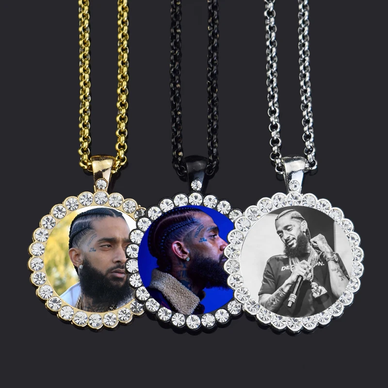 Custom Photo Memory Medallions Rhinestone Glass Pendant Necklace with Lobster Chain Hip Hop Jewelry Personalized Gift