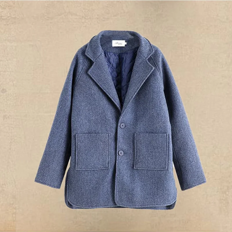 Женское шерстяное пальто с лацканами элегантное свободное утепленное длинное из