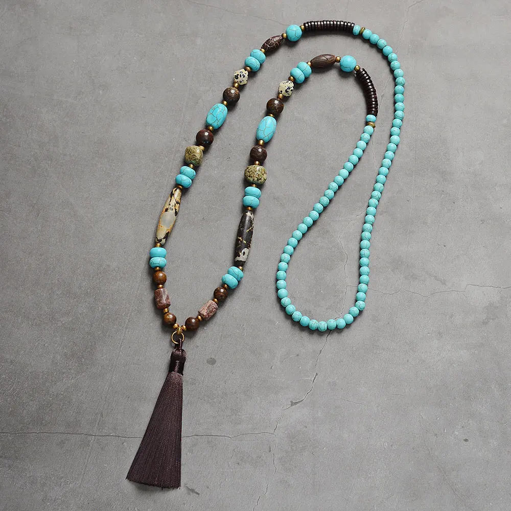 Элегантное коричневое ожерелье с кисточками из натурального камня различных