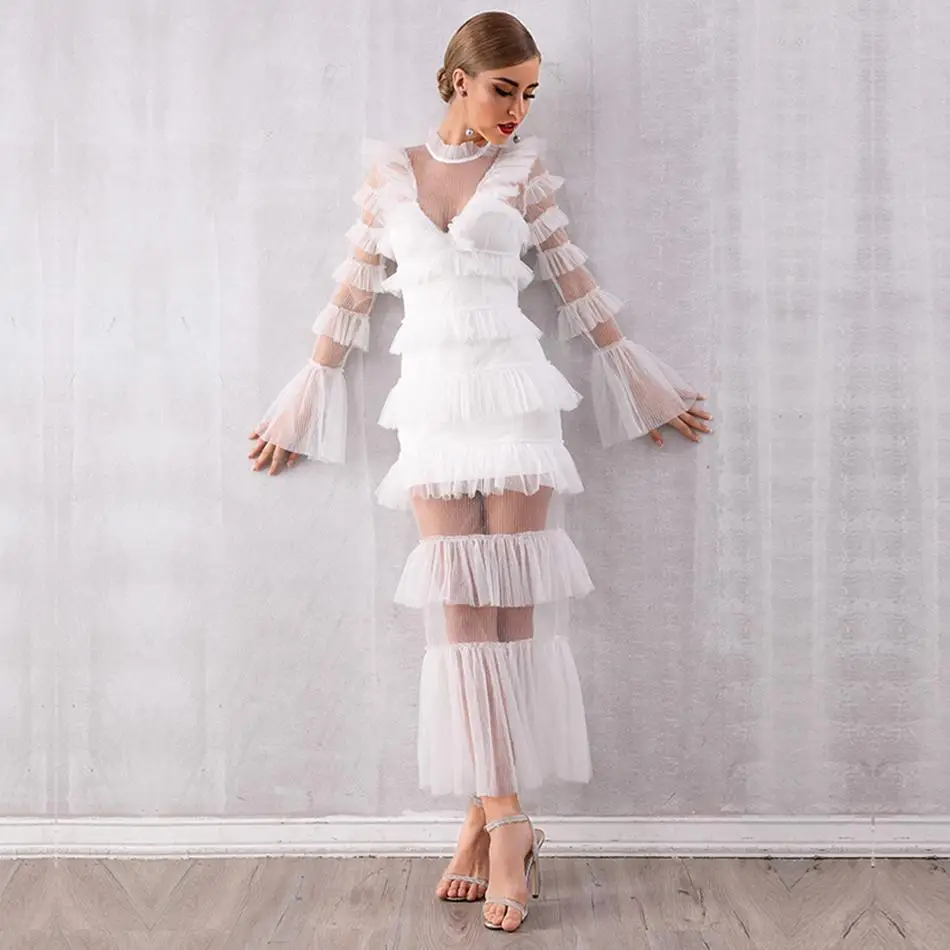 Новые осенние вечерние платья знаменитостей женское платье из белой сетки с