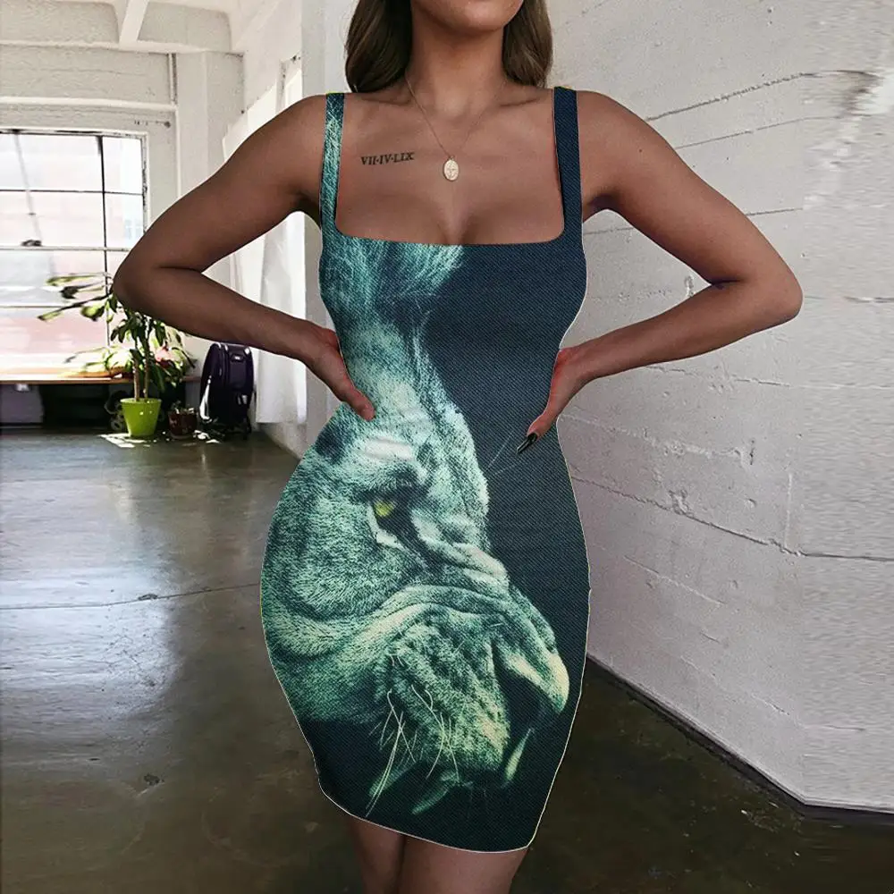 

Giyu Lion Dress Women Animal Halter Sleeveless Anime Vestido Sexy Green Ladies Dresses Ferocious Sundress Womens Clothing Summer