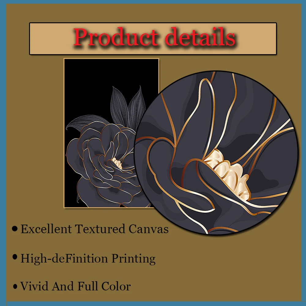 

Black leaves and golden petals are printed on canvas, painting luxury floral wall art prints and prints Scandinavian home decor.