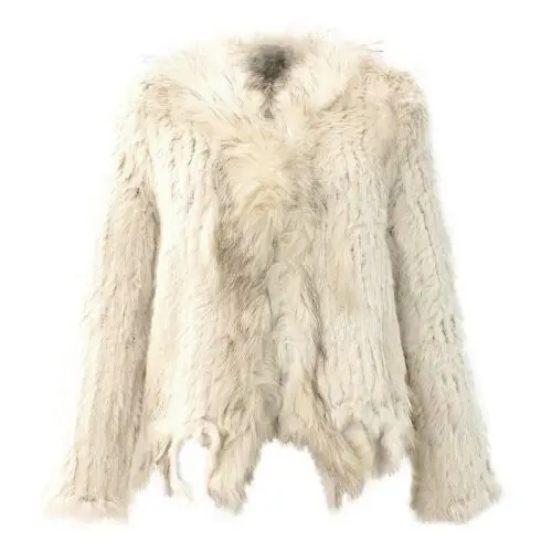 Natural Knitted Rabbit Fur Vest With fox raccoon  Fur Collar long sleeve fur coat with tassel customized fur overcoat large size images - 6