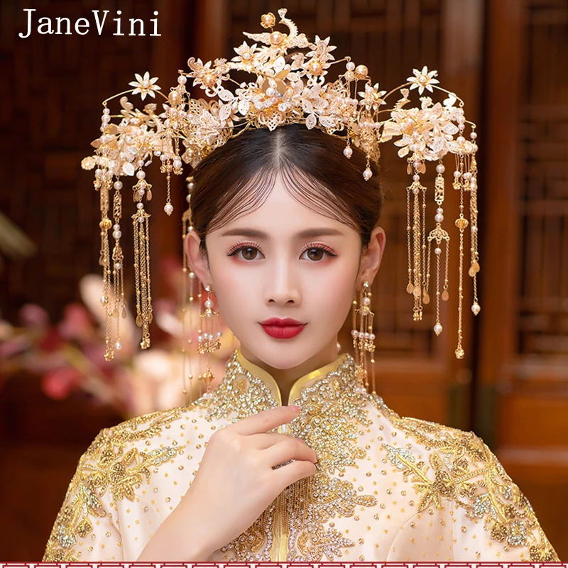 

JaneVini Luxury Chinese Bridal Headdress Costume Gold Phoenix Hairpins Pearls Wedding Crown with Earrings Women Hair Accessories