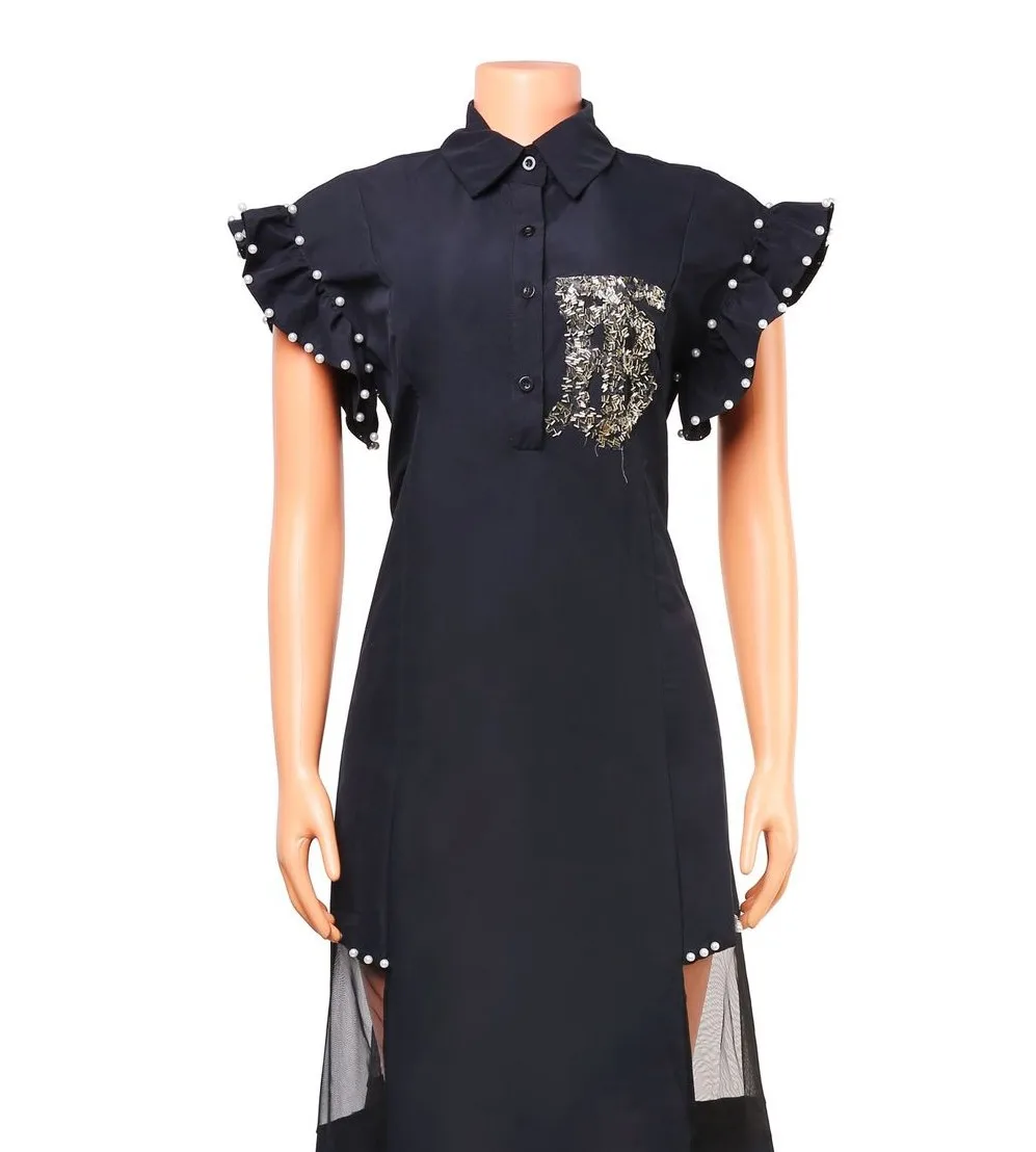 

Embroidered Beaded Long Dress For Spring 2021 New Women's POLO Collar With Gauze Stitching Fashion And Elegant Temperament Dress