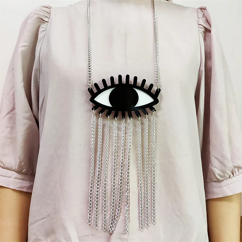 

Super Long 22.5cm 8'' Big Black Eyes Tassel Pendant Necklace for Men Women Mysterious Vintage Acrylic Hyperbole Jewelry