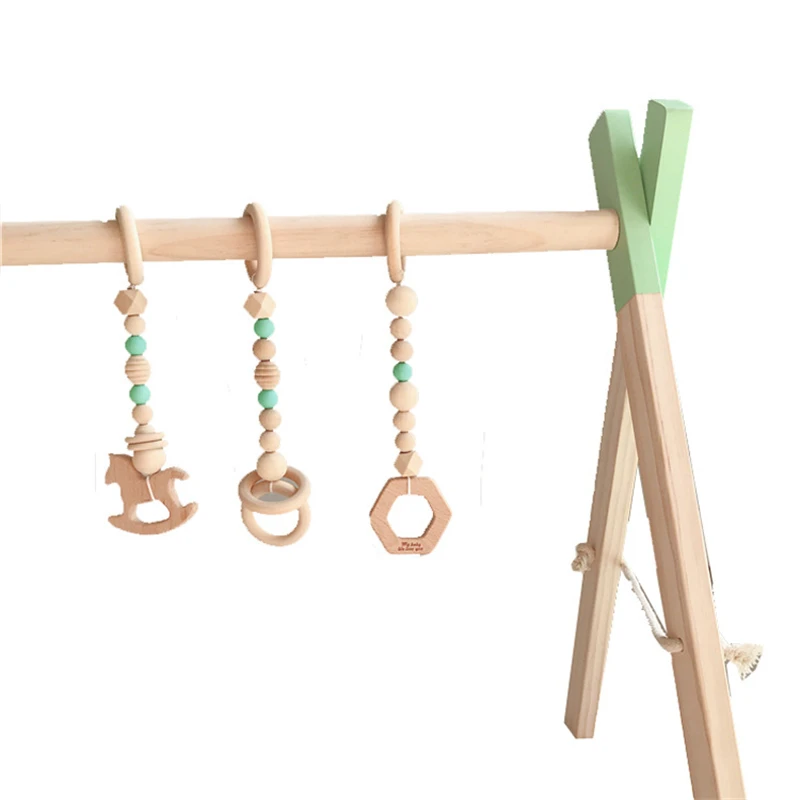 

3pcs/Set Wooden Pendant Baby Play Gym BPA Free Food Grade Wooden Teether Toys Interactive Baby Birth Gift Photo Props