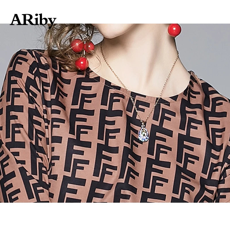 ARiby Женская печать из двух частей 2019 Осень Новая мода o образным вырезом длинный