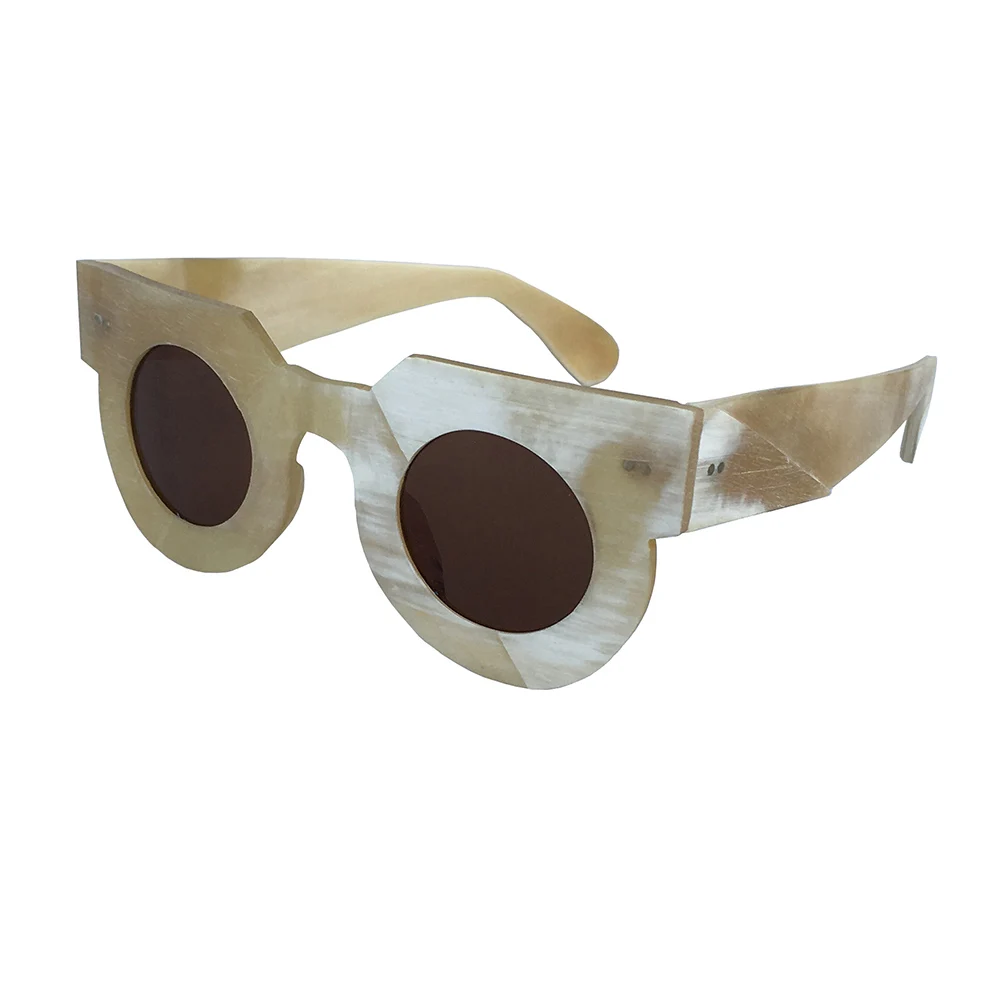 

Unique Round Frame Wide Temples Rivets Handmade Matt Rough Finish Honey White Genuine Natural Horn Eyewear Frame Sunglasses