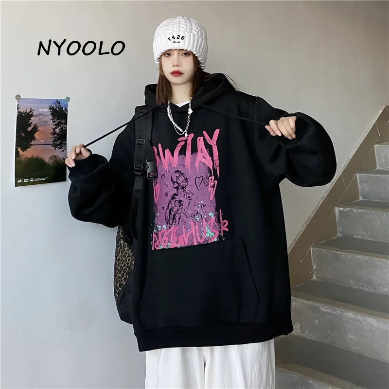 

NYOOLO Wnter Thick Warm Hoodies Harajuku Hip Hop Devil Letters Print Long Sleeve Hooded Pullovers Goth Sweatshirt Women Men Tops