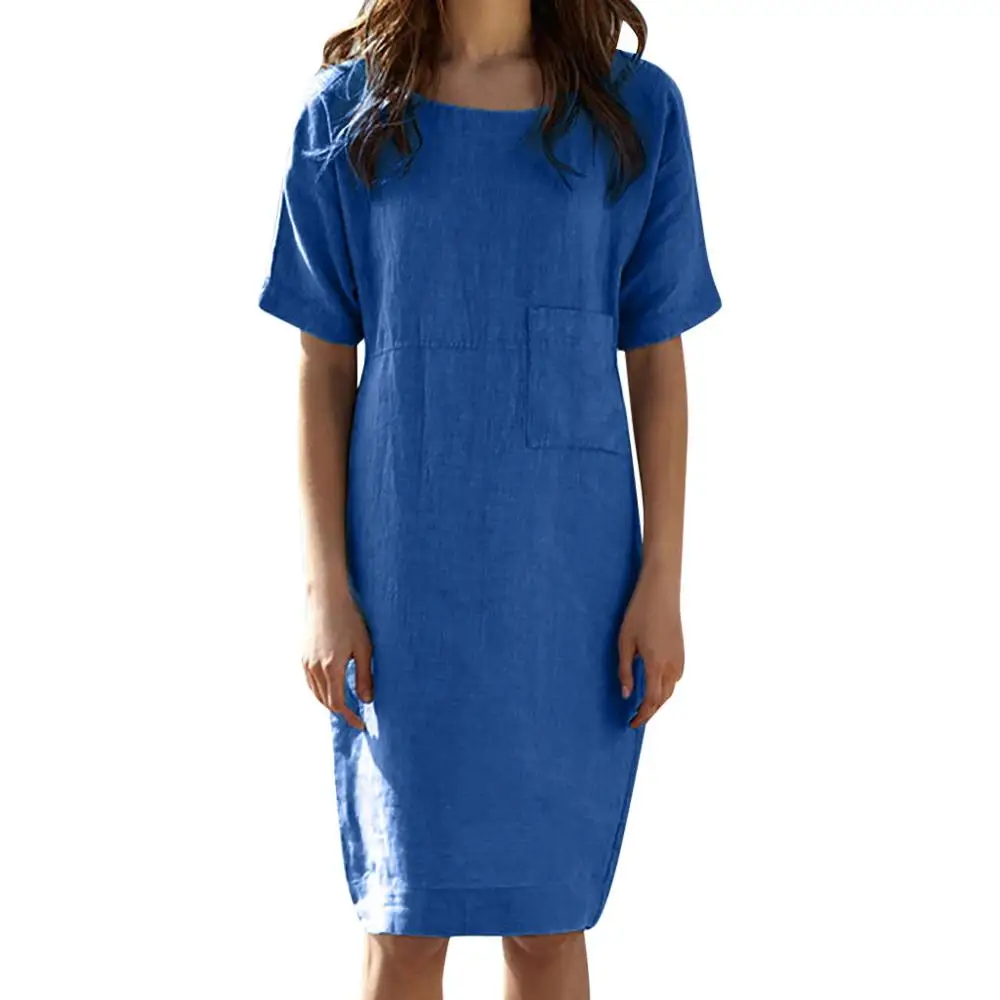 Женское Летнее льняное платье с коротким рукавом свободное ТРАПЕЦИЕВИДНОЕ