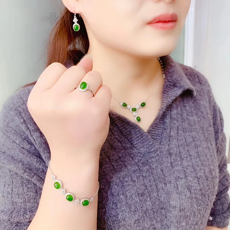 Женский комплект украшений из настоящей китайской яшмы серебро 925 пробы кольцо