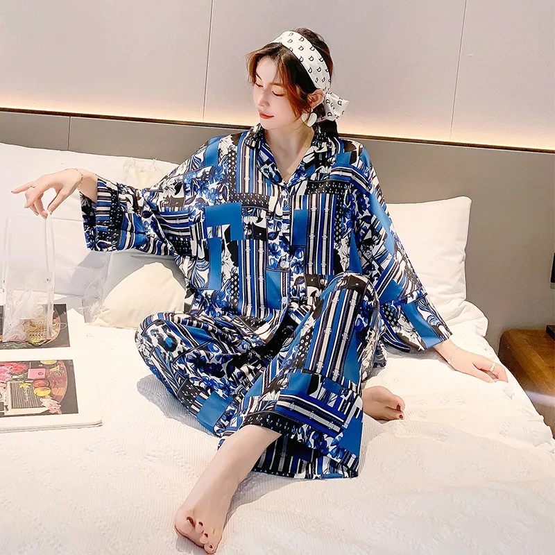 

Pajama Set for Women Ice Silk Sleepwear Sets Long Sleeve Printed Cardigan Set Large Size Loose Lapel Women's Home Clothes Thin