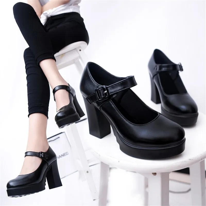 

2021 Women's Classic Round Toe Work Shoes Thick Heel Waterproof Platform Office High Heels Shallow Mouth Buckle Wear High Heels