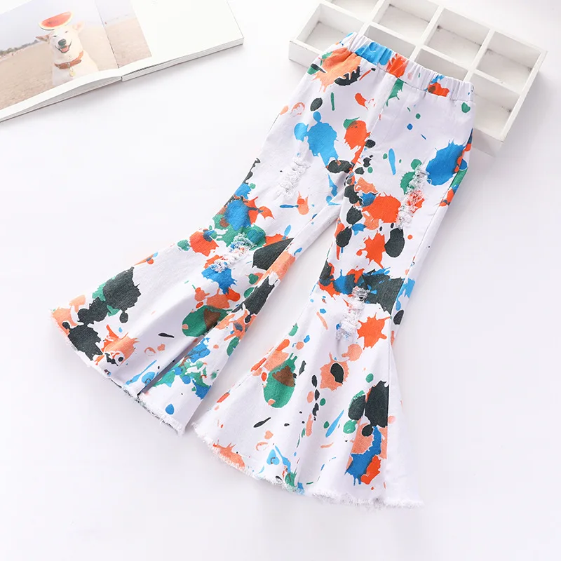 

Girls Denim New Abstract Print Casual Western Style Gradient Stretch Color Matching Sll-Match Fashion Bell Bottom Pants