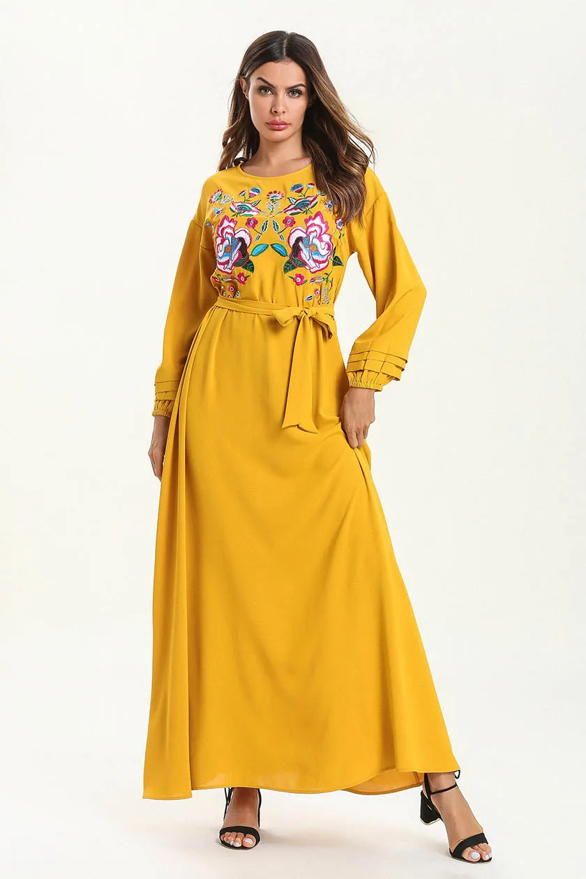 Мусульманское модное однотонное вышитое осеннее платье с длинными рукавами Caftan