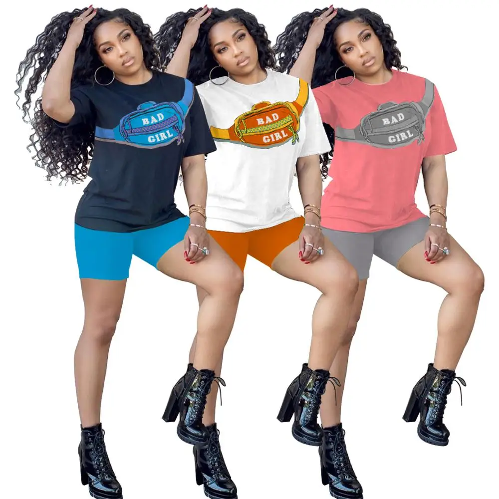 

2020 new product workout fitness women 2 pieces lounge set short sleeve tie dye t shirt tee + jogger shorts chic suit