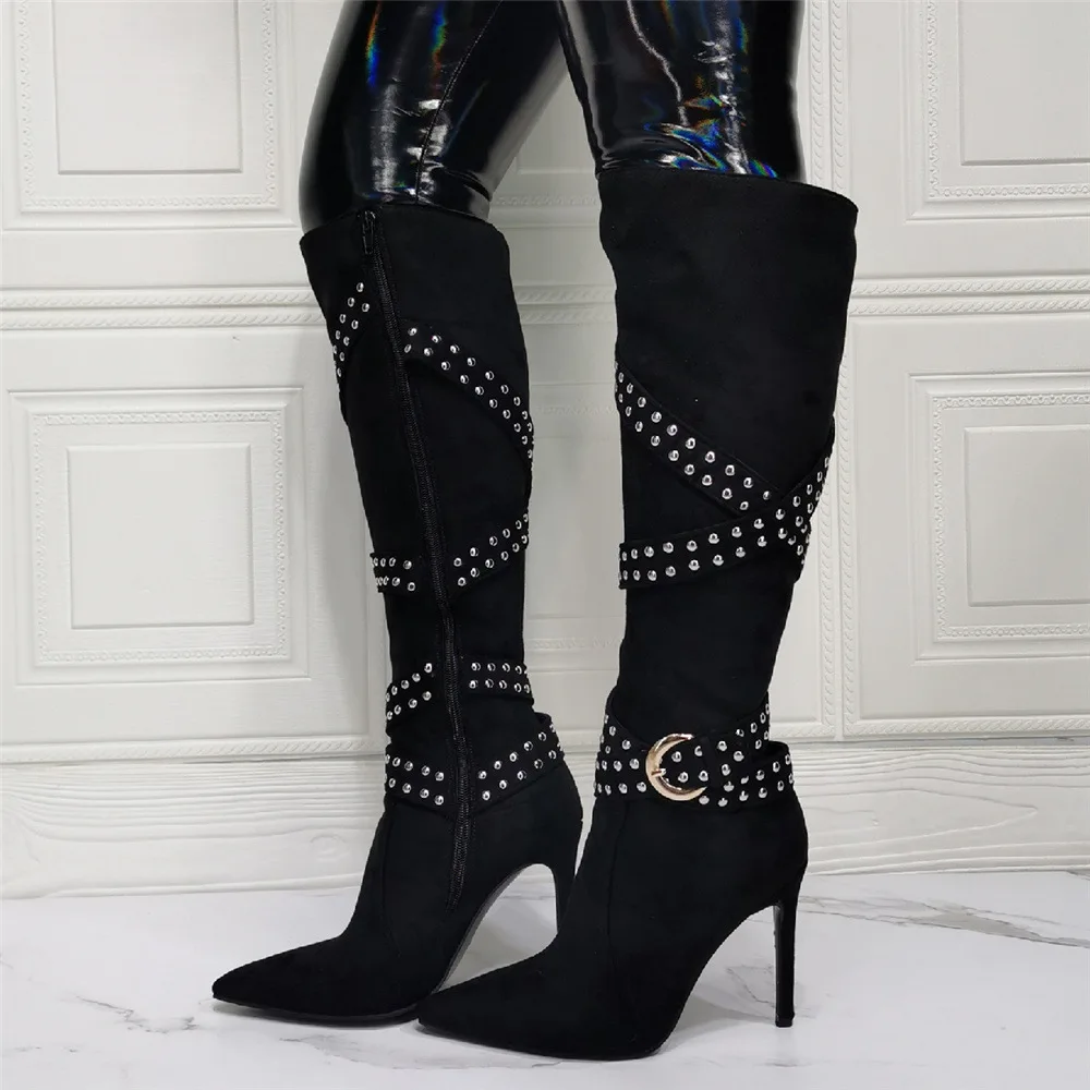 

Pereira new cool black velvet pointed toe rivet metal belt stiletto high heel women's boots and knees