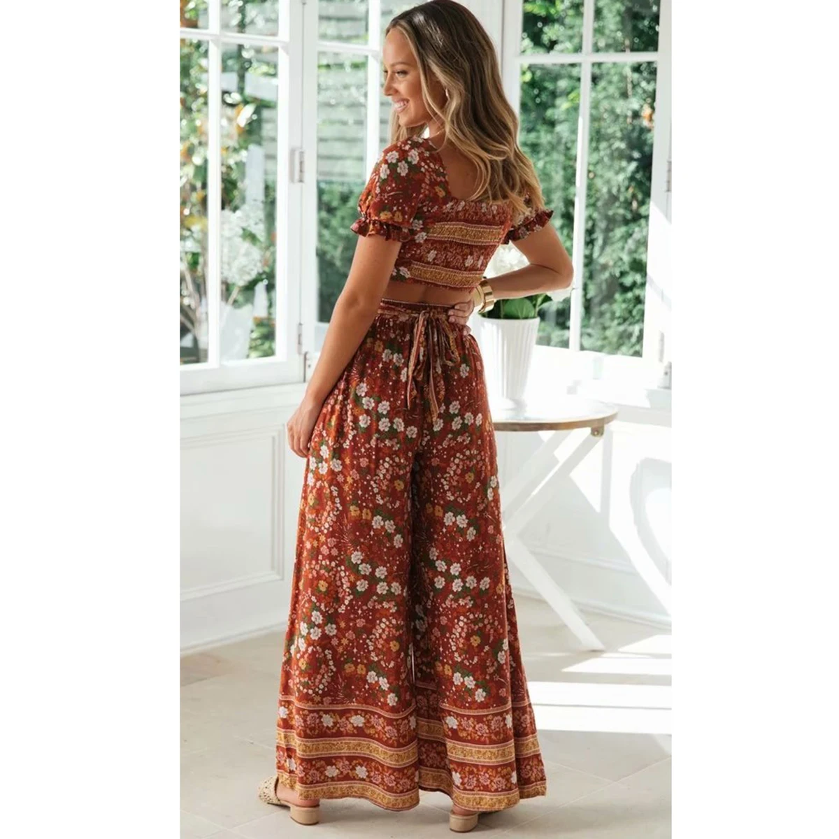 Винтажные Цветочный принт костюм женский кроп-топы рубашка и широкие штаны