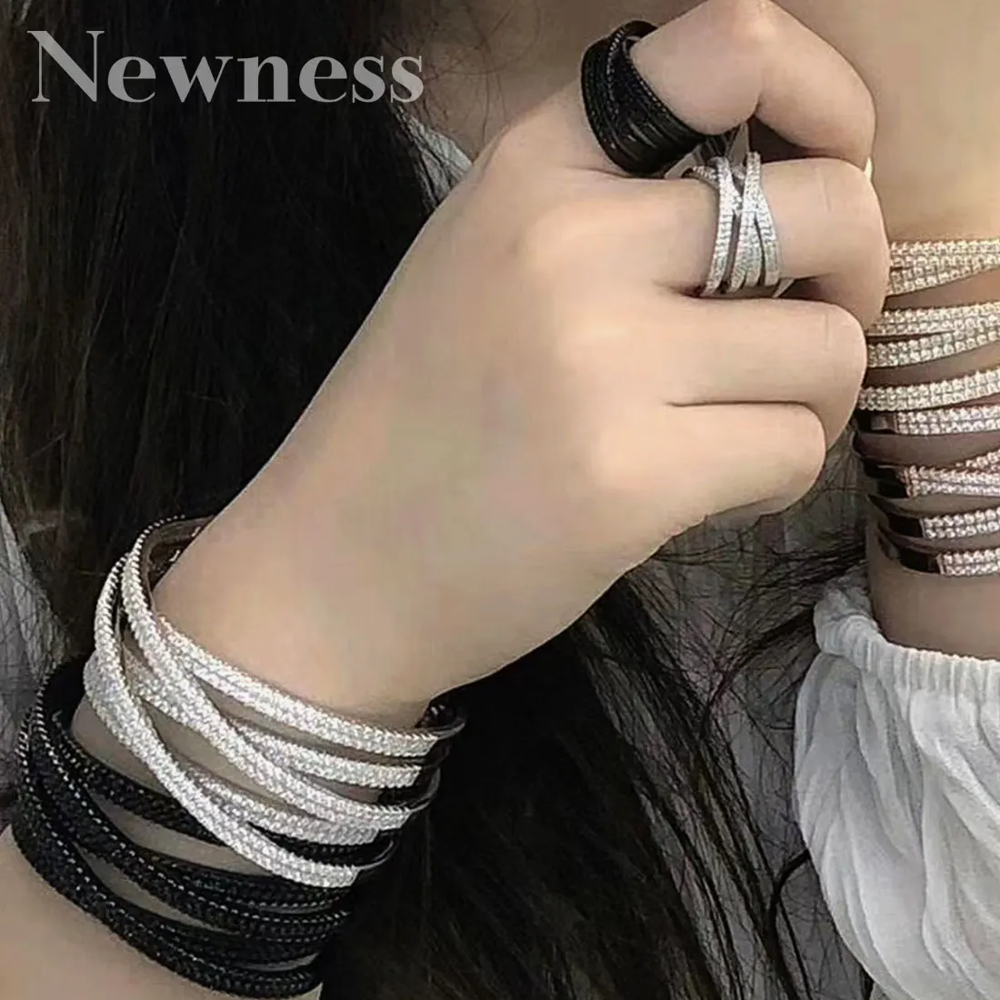 

Newness Luxury Line Level Design Cubic Zirconia BRACELET BANGLE AND RING ewelry Set For Women Wedding Engagement Gift