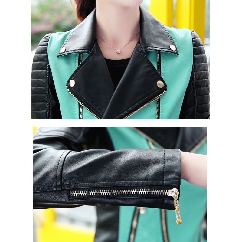 

Plus Size Women Soft Motorcycle Short Faux Leather Jacket Women Ladies Autumn Biker Streetwear Black Spliced Zippers Coat