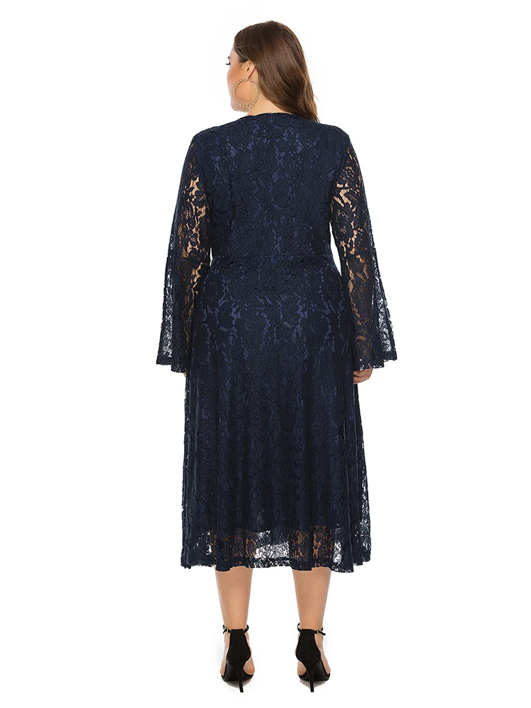 

V Neck Lace Evening Dress Plus Size Women Formal Occasion Dress Pagoda Long Sleeve A Line Burgundy Party Dresses Navy Cut Out