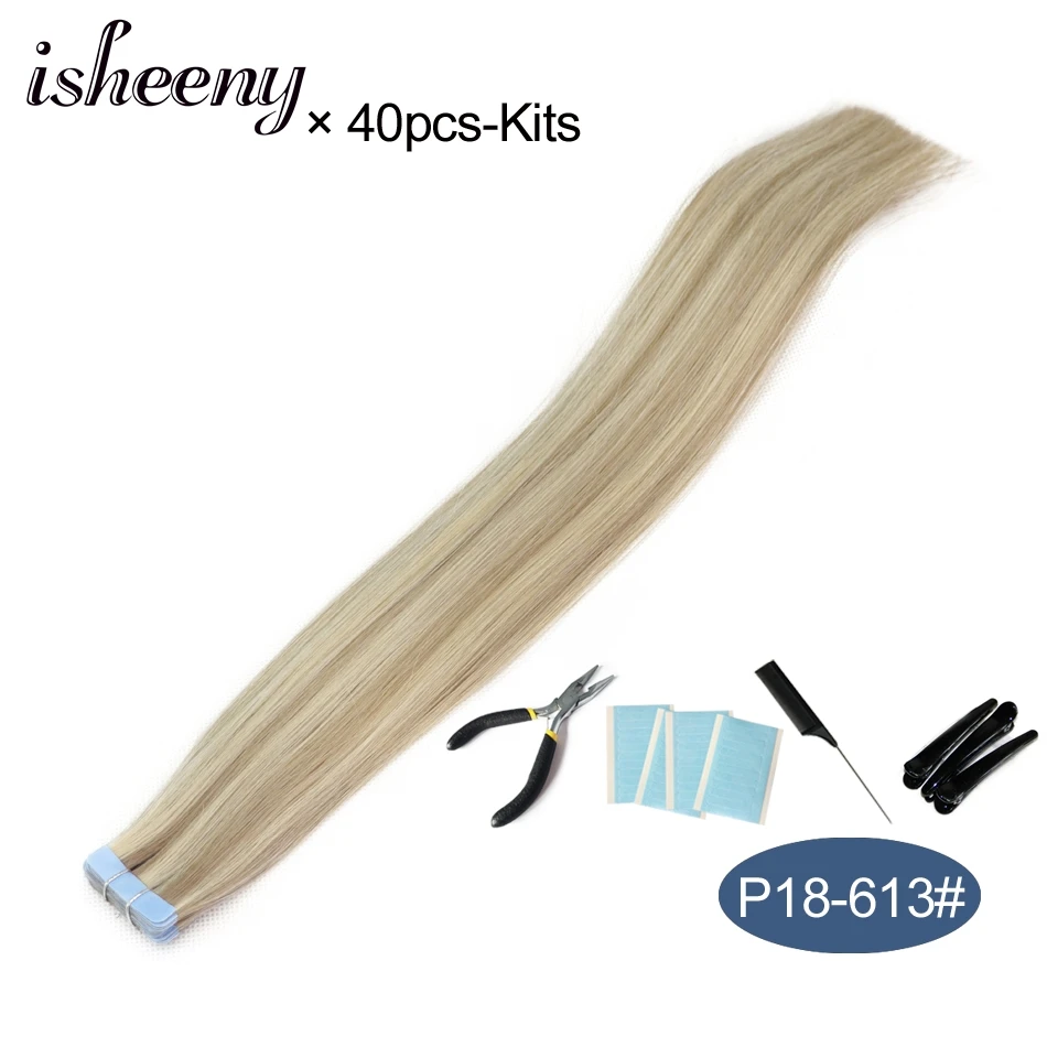 Isheeny 1" 18" 2" 22" 2" лента в Пряди человеческих волос для наращивания Прямой Реми на клей Невидимый PU выдвижение утка 14 цветов Выберите - Цвет: P18-613-40pcs