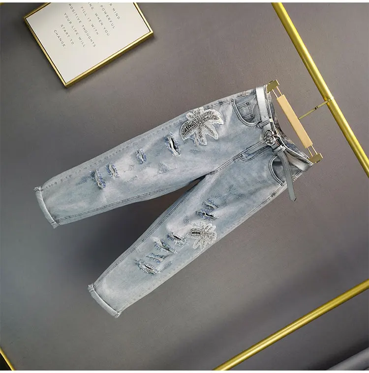 

2021 Summer New High Waist Slimming Light Blue Jeans Trousers Women's Diamonds Hole Patch Denim Pants Streetwear