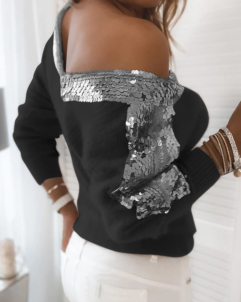 

Women Sweater 2020 Fashion Francais V Neck Fall Patchwork Fluffy Sequins Korean Japan Haikyuu Long Sleeve Sexy Elegant Sweater
