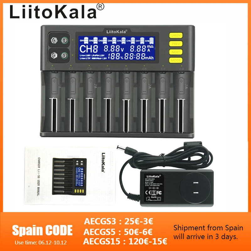 

Зарядное устройство LiitoKala Lii-S8, 8 слотов, с ЖК-дисплеем, для литийионных, никель-металлогидридных, литий-железо-фосфатных, никель-кадмиевых ак...