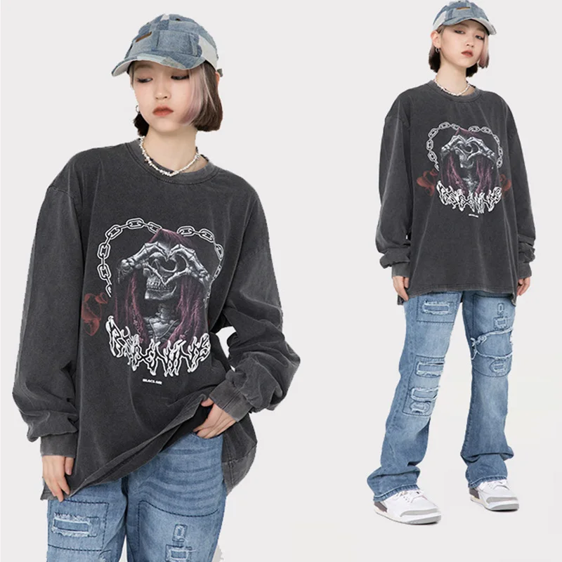

Harajuku Oversized Sweatshirt Long Sleeve Streetwear Dark Foam Printed Hoodies Men Clothing Black Crewneck Couple Clothes