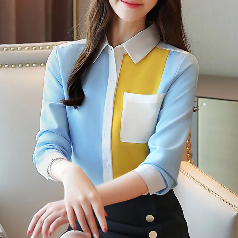 Блузка женская шифоновая с длинным рукавом и карманами 2021 50|Рубашки| |