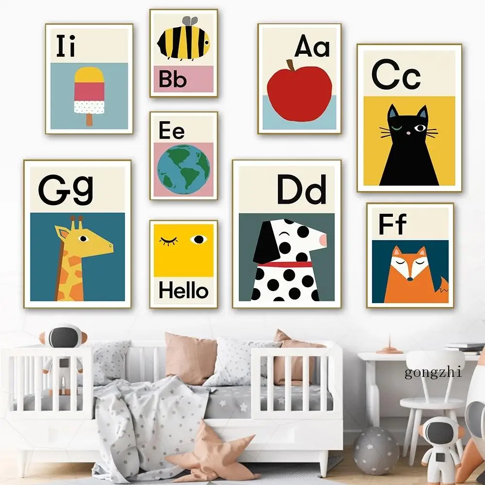 

Cartoon Abc Alphabet Education Poster Animal Fruit Image Canvas Painting Prints Nursery Wall Art Pictures Baby Kids Room Decor