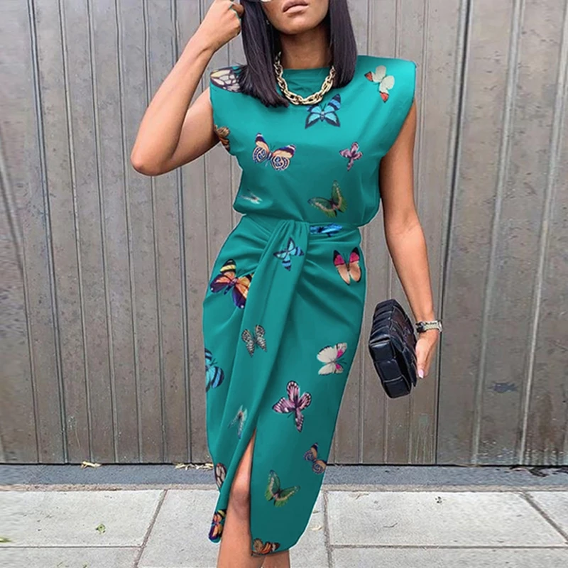 

STYLISH Lady Butterfly Printed 2 Piece Set Women Sleeveless Top and Tied Split Midi Skirt Set 2020 Summer Elegant OL Outfits