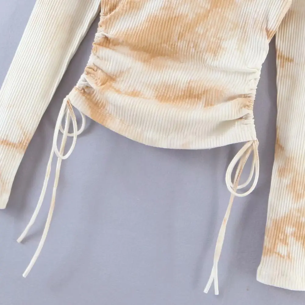 

2021 Korean Style Autumn Summer Women Top Cotton Long Sleeve Slim Tie-dye Tees Round Neck Sexy T-shirt