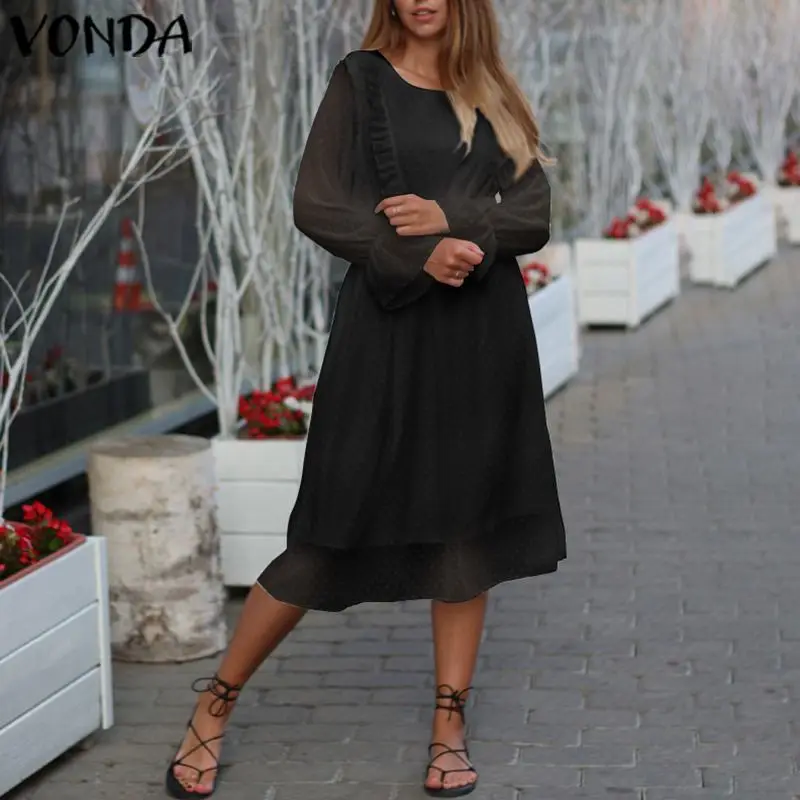 Летнее женское платье в горошек Vestidos VONDA, винтажное повседневное свободное богемное пляжное платье, офисный женский сарафан размера плюс - Цвет: Черный