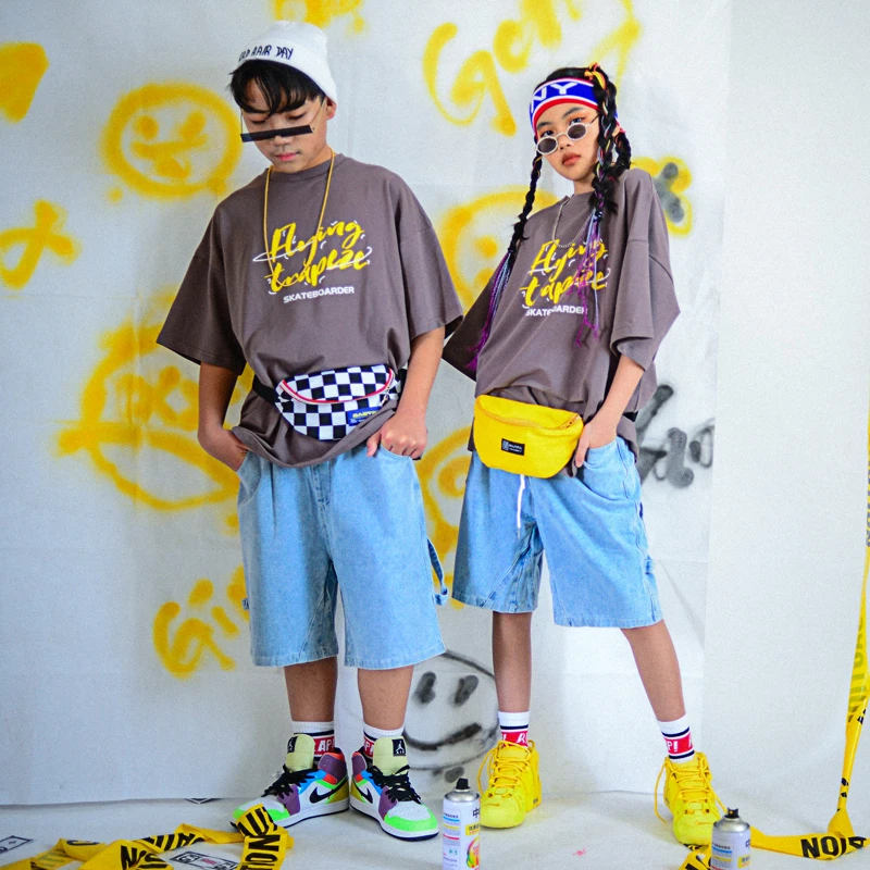 

Children'S Short-Sleeved Denim Shorts Hiphop Outfits Boys Jazz Dance Costumes Girls Hip Hop Dance Performance Clothing 120-170CM