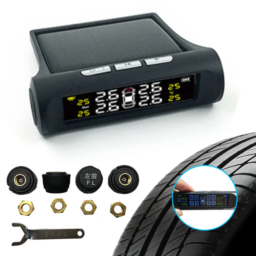 

Smart Car Tire Pressure Monitoring System Wireless TPMS Monitor Solar Power LCD Display With 4 External Sensors 6 Alarm Modes
